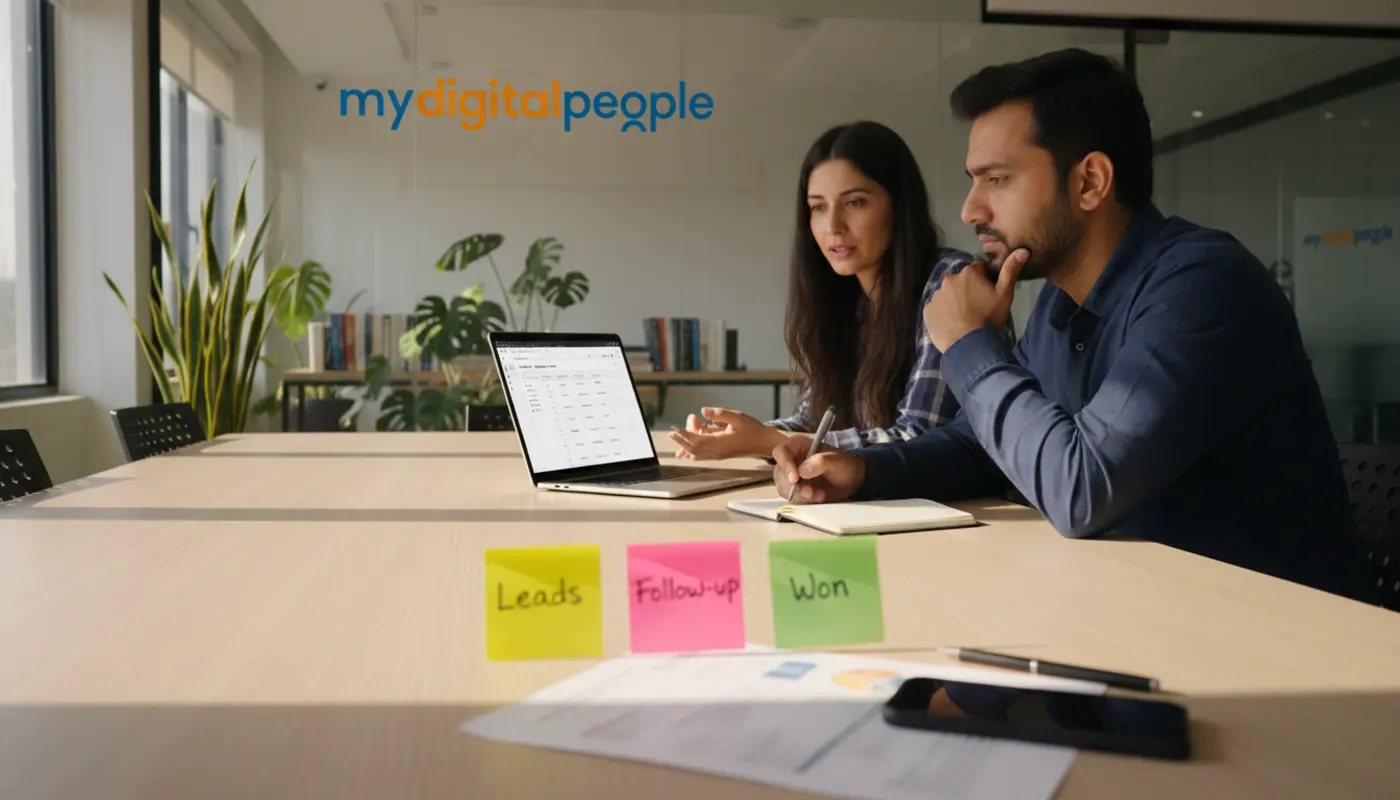 CRM consultants planning automated sales pipeline workflows in a modern agency office