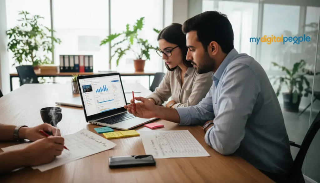 Digital agency team planning online business growth strategy in a modern Lahore office