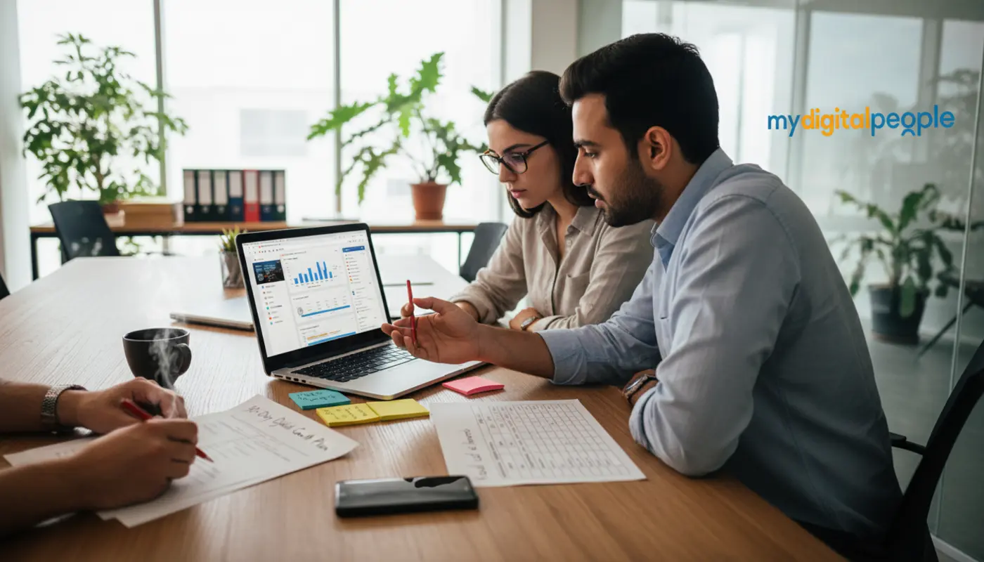 Digital agency team planning online business growth strategy in a modern Lahore office