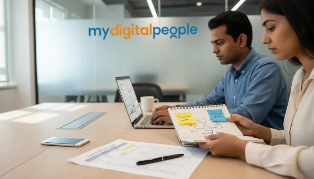 SEO specialists reviewing organic traffic reports in a modern MDP office