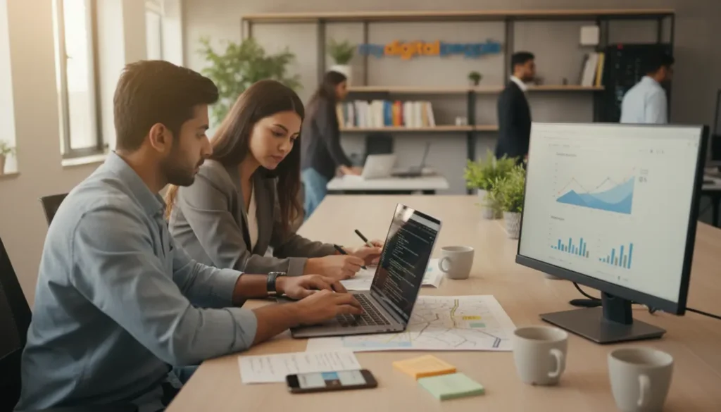 Web developer and SEO strategist planning a search friendly custom website in an MDP office