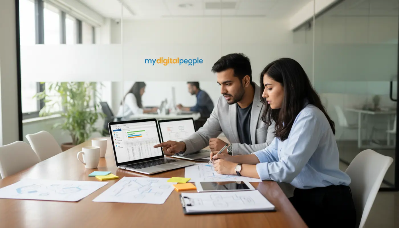 Professionals planning a custom CRM system in a modern agency workspace