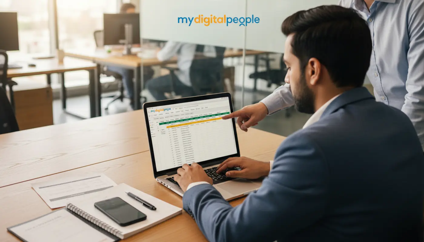 Sales team creating an Excel CRM with customer tracking sheets in a modern agency office