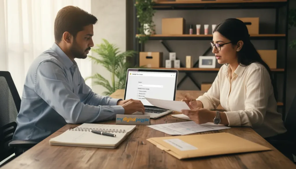 Ecommerce consultant reviewing Shopify Partner account closure checklist in an agency office