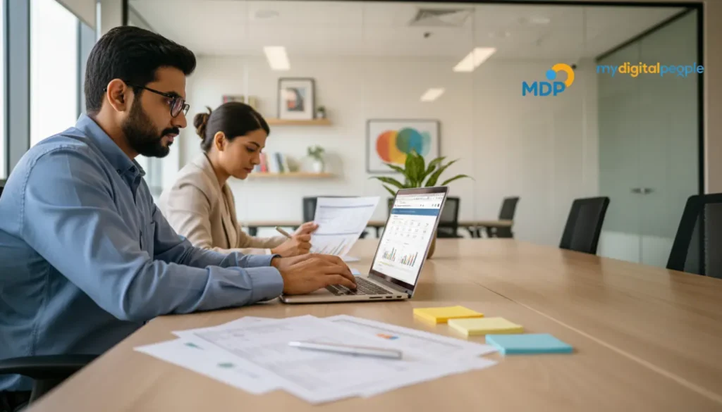 SEO competitor analysis meeting with keyword reports in a modern MDP office
