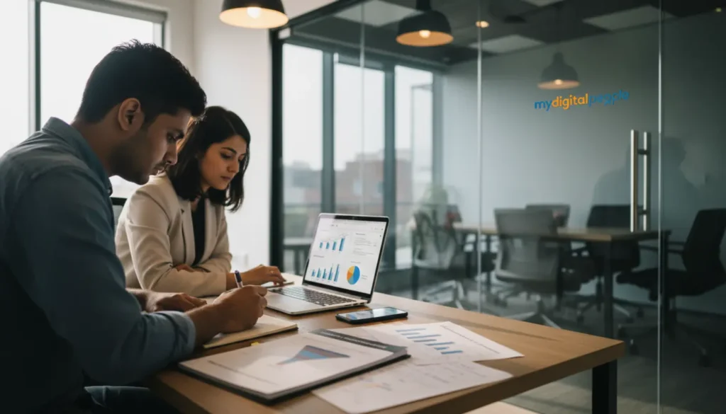 Digital marketing team planning lead generation strategy with reports and analytics