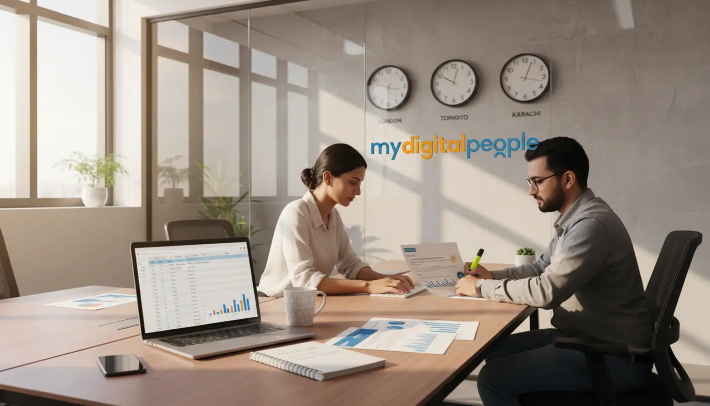 Pakistani digital marketers planning outreach for international clients in a modern agency office