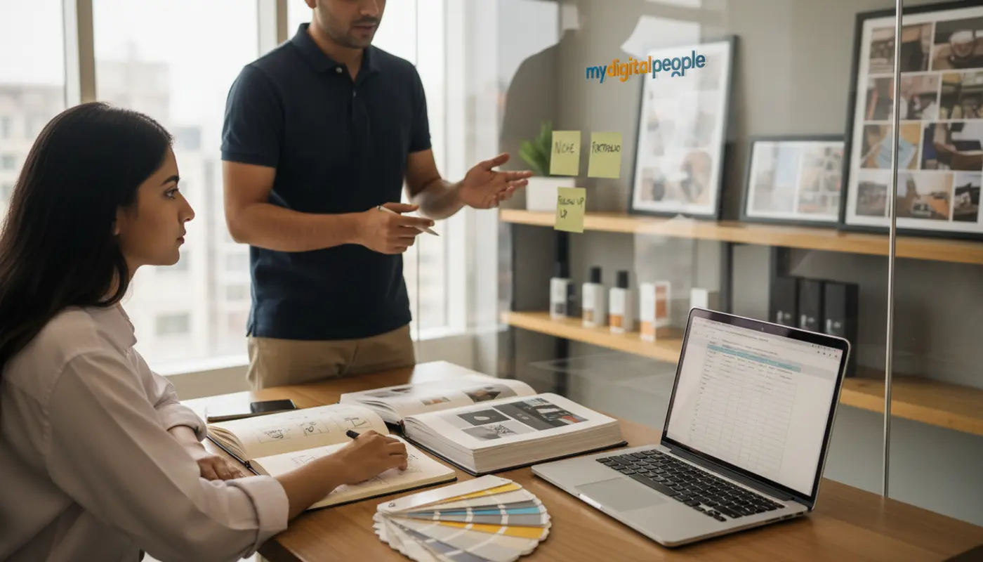 Graphic designer and strategist planning client outreach in a modern MDP workspace