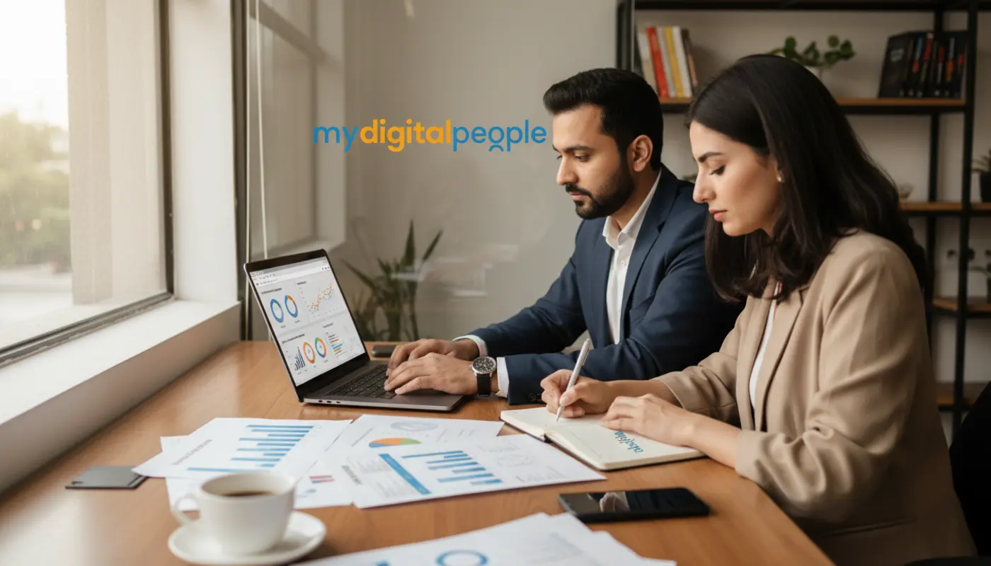 Pakistani marketers using AI strategy tools in a modern MDP agency workspace