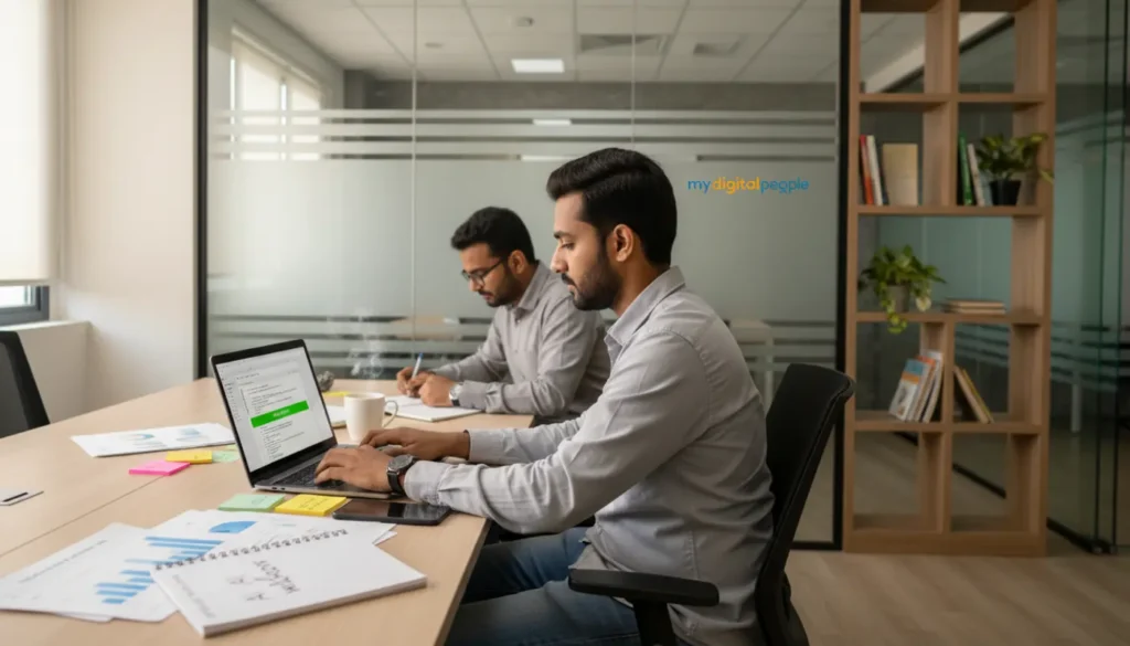 Developers using AI planning notes for secure web development in a modern MDP office