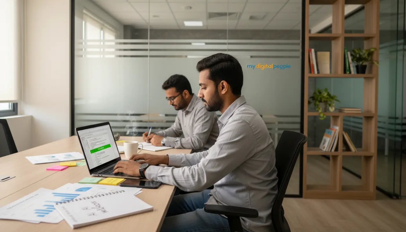 Developers using AI planning notes for secure web development in a modern MDP office