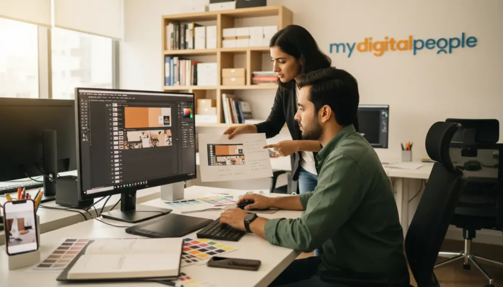 Graphic designer using Photoshop in a modern agency workspace with branded MDP logo