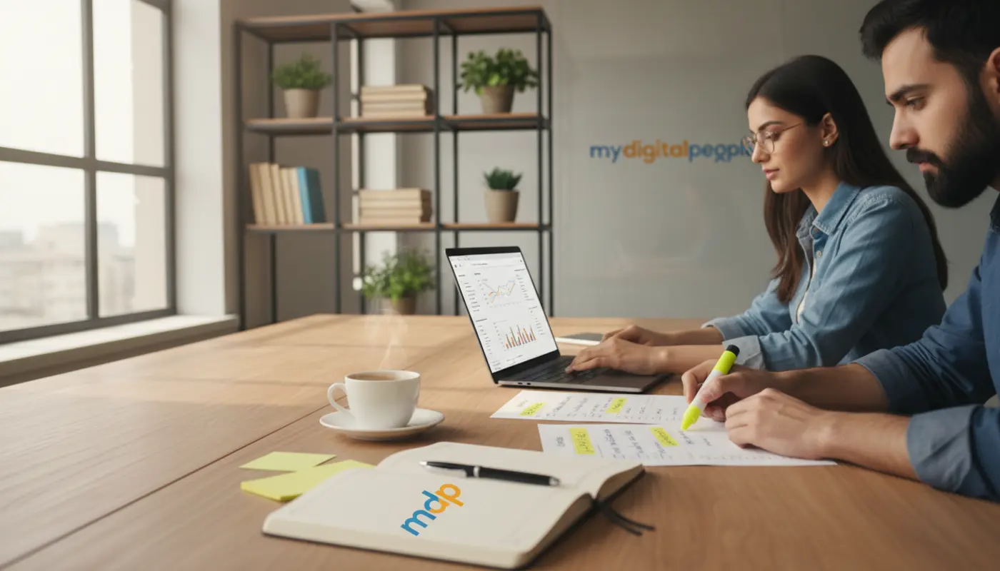 SEO blog writing workspace with keyword notes and My Digital People branding