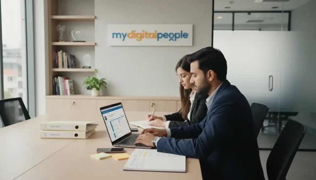 Professionals using a CRM system to manage leads and customer follow ups in an agency office