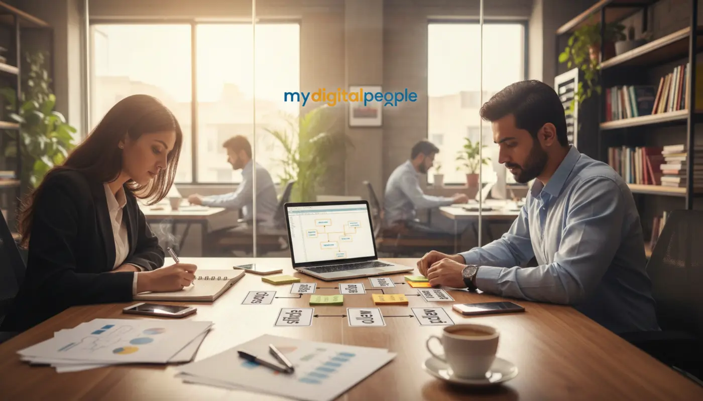 Professionals planning AI frames and scripts workflow in an MDP office workspace
