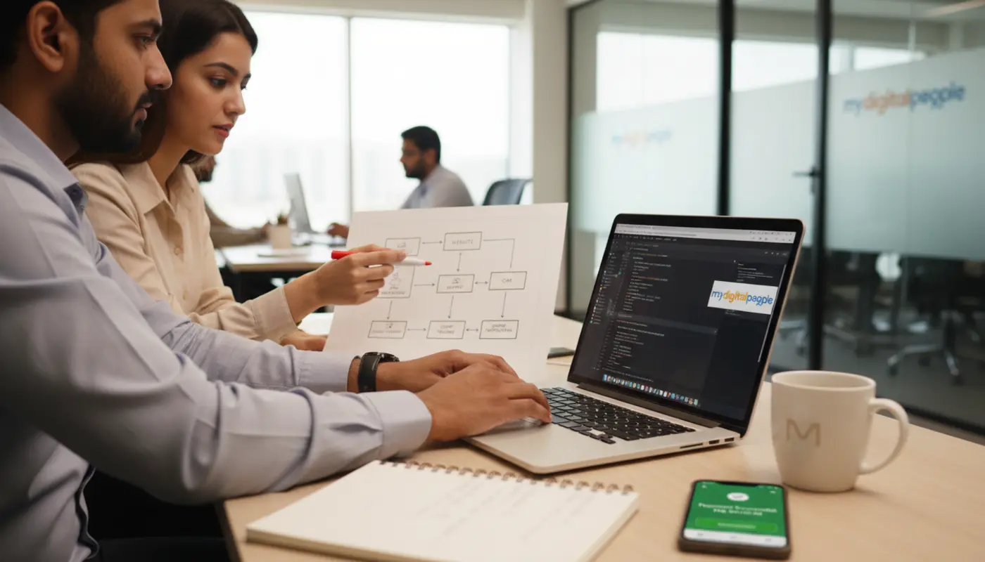 Developers planning API web development integration in a modern MDP agency workspace