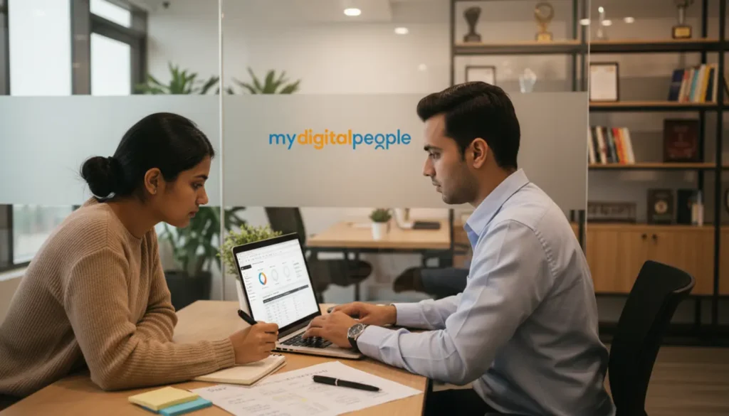 SEO specialists reviewing Citation Flow backlink reports in a modern MDP office