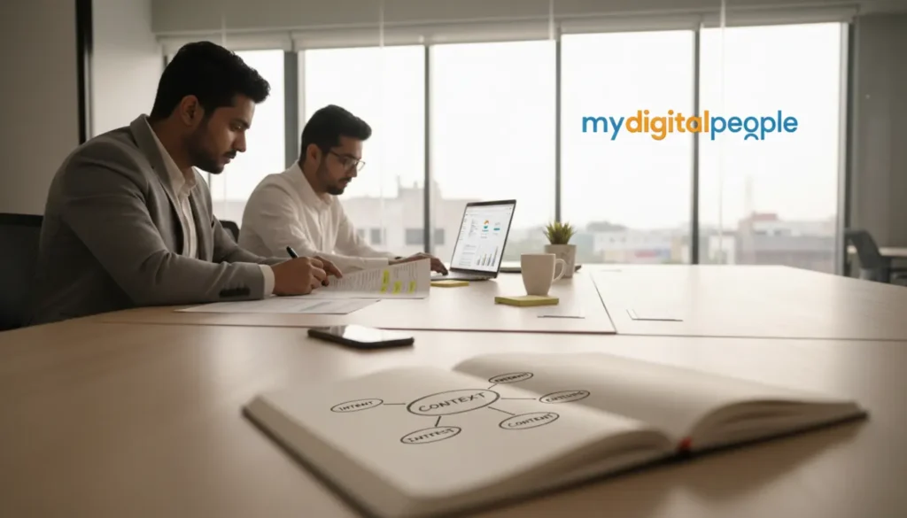 SEO strategists reviewing semantic keyword research in a modern MDP office