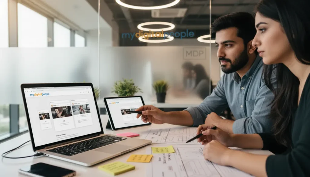 Designers reviewing responsive web breakpoints in a modern MDP office