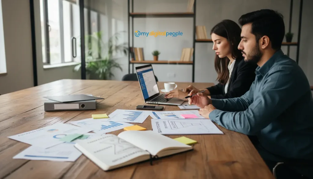 Marketing team mapping a digital funnel in a modern MDP office