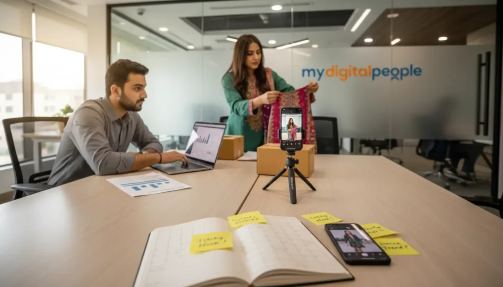 Pakistani marketers planning a TikTok campaign in a modern agency workspace