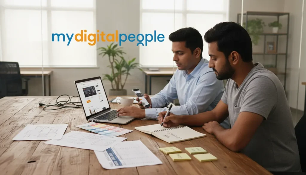 Web designers reviewing mobile friendly website design and UX checklist in an MDP office