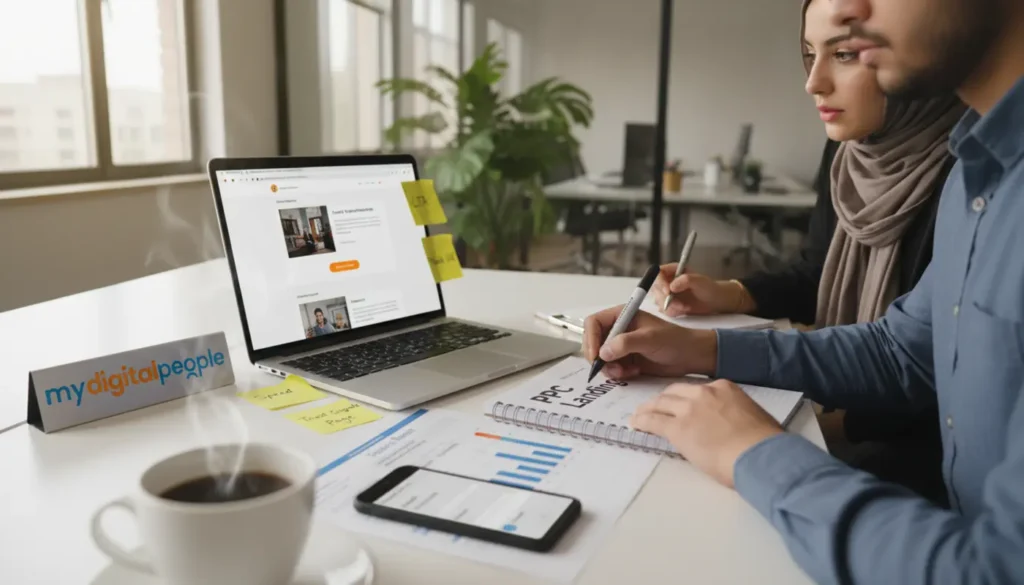 PPC specialists reviewing landing page performance in a modern MDP agency workspace