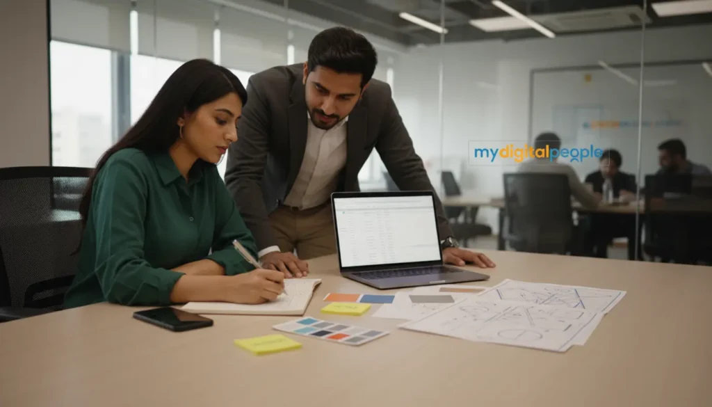 UI UX designers reviewing app wireframes and budget estimates in a Lahore agency workspace