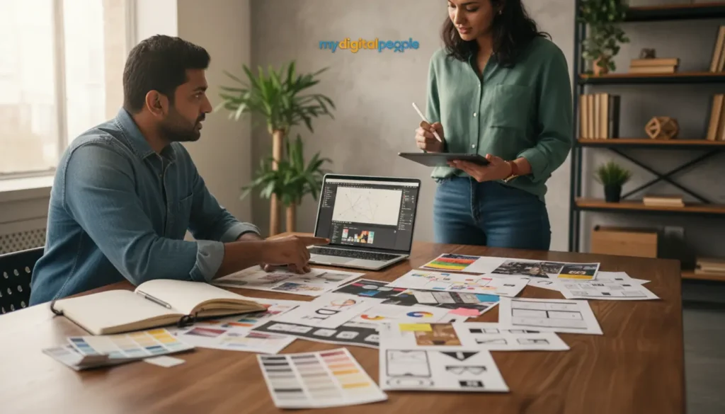 Designers comparing graphic design app options in a modern MDP agency workspace