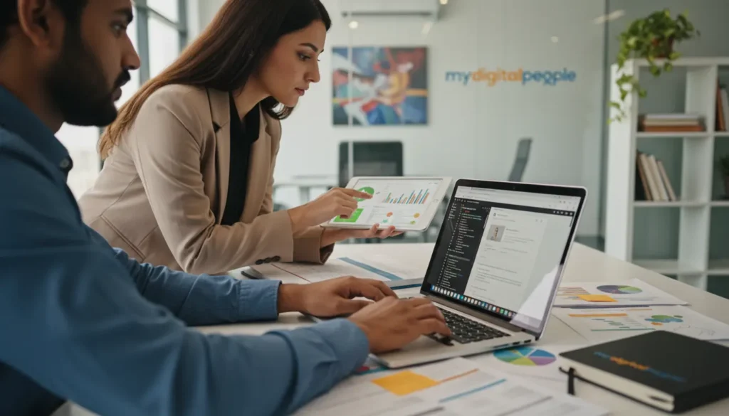 Web developer and SEO strategist reviewing site performance in an MDP agency workspace