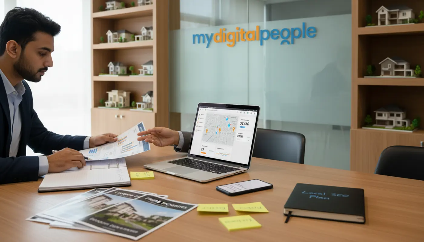 Real estate team reviewing local SEO reports and property leads in a modern office