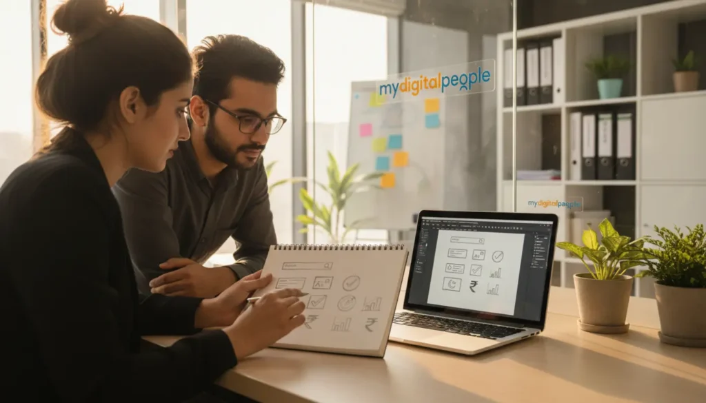 Digital marketers reviewing PPC icon concepts in a modern MDP agency workspace