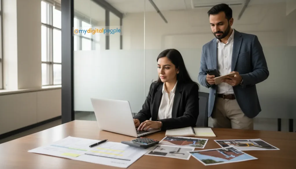 PPC strategists reviewing contractor Google Ads cost per lead reports in a modern agency office