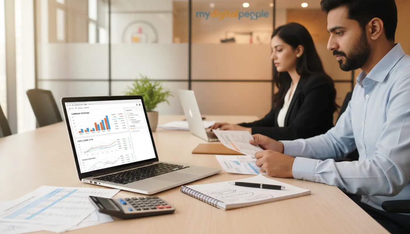 Paid search team planning a PPC strategy with keyword notes and campaign reports in an MDP office