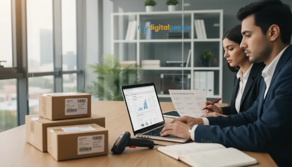 Magento ecommerce development planning in a modern agency workspace with MDP branding