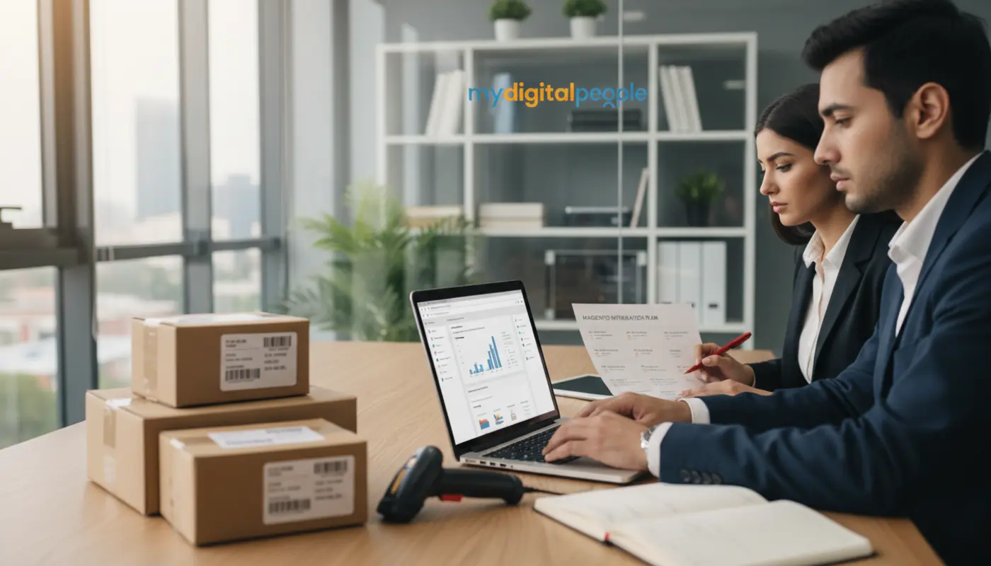 Magento ecommerce development planning in a modern agency workspace with MDP branding
