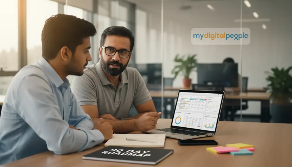 Beginner digital marketer learning career skills with mentor in a modern agency workspace
