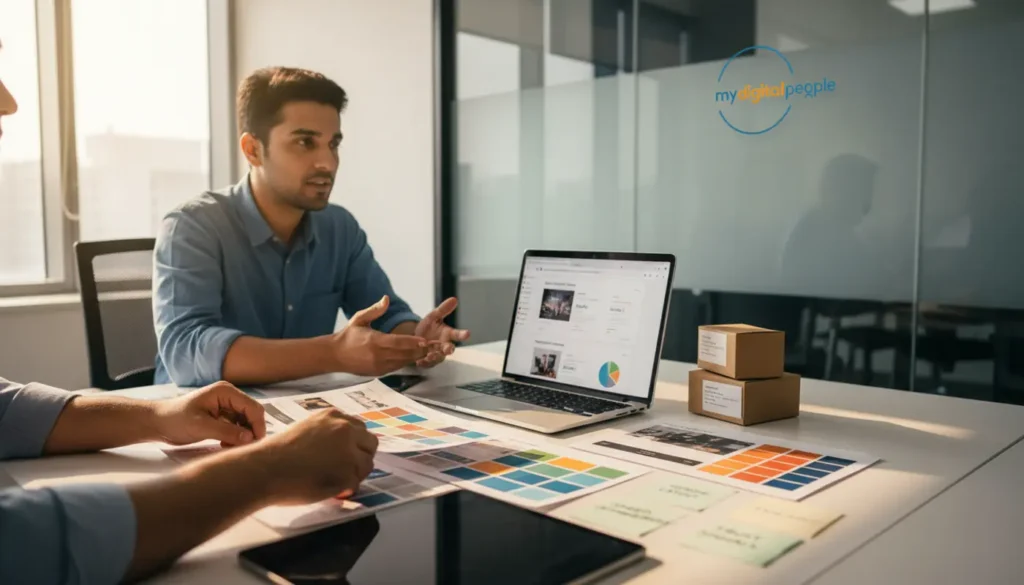Shopify theme research workspace with ecommerce designers reviewing store layouts