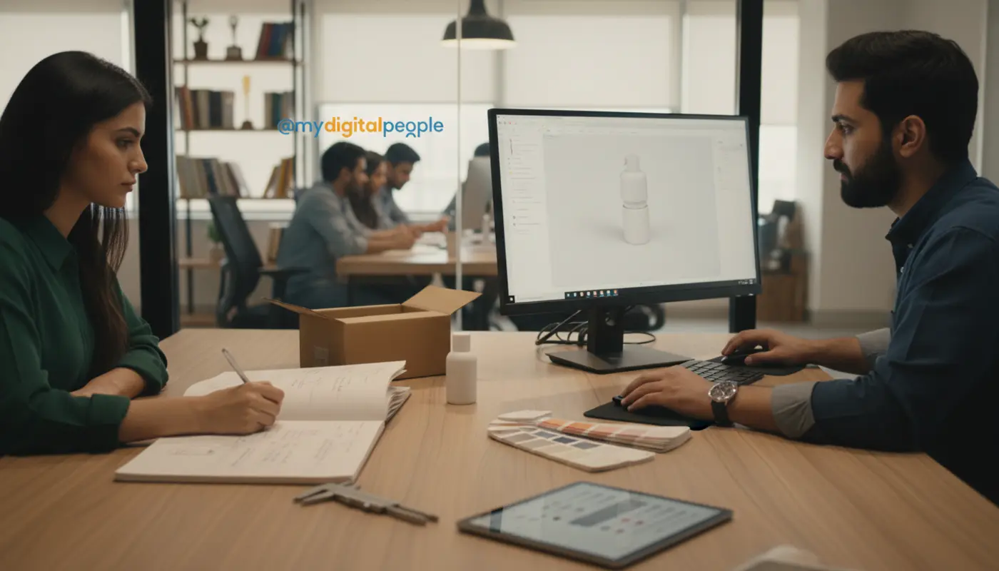 Designers reviewing 3D product mockups in a modern MDP agency workspace