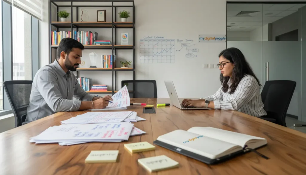 Content strategy planning meeting with SEO notes and analytics in a modern agency office