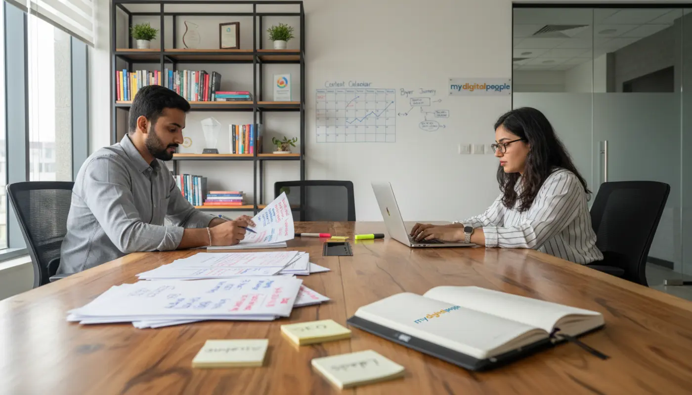 Content strategy planning meeting with SEO notes and analytics in a modern agency office