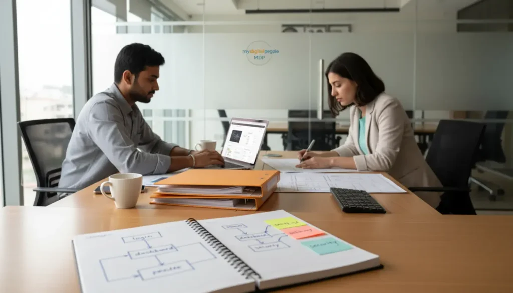 MDP developers planning a modern web application in an office workspace