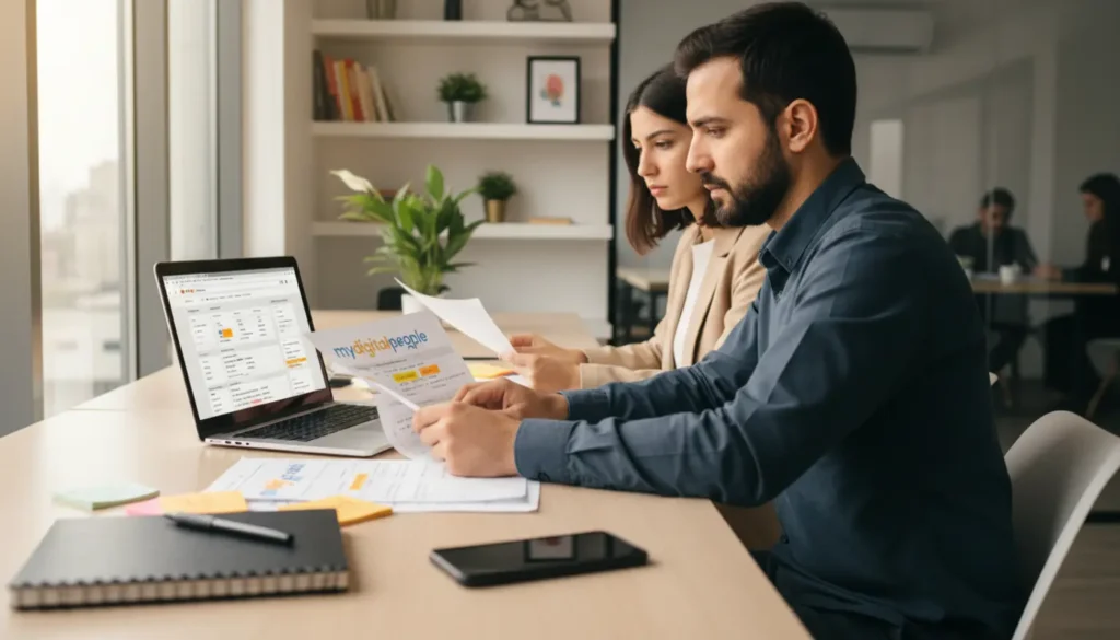 SEO strategists reviewing on page optimisation reports in a modern agency office