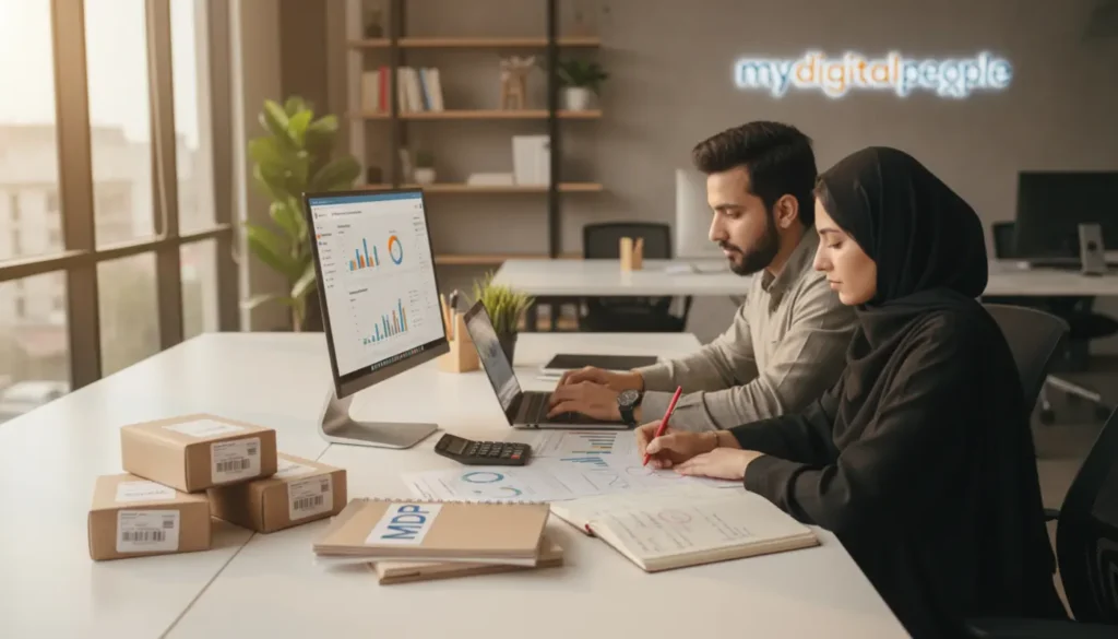 Professionals reviewing Amazon PPC reports in a modern MDP agency workspace