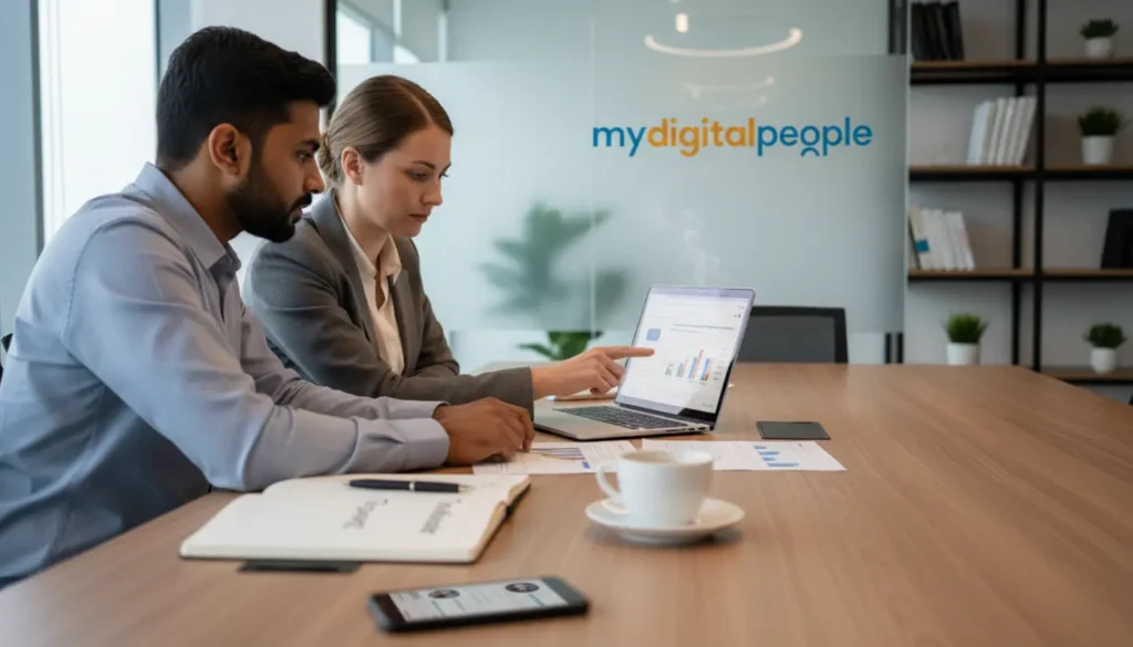 B2B LinkedIn strategy meeting with MDP logo in a modern agency office