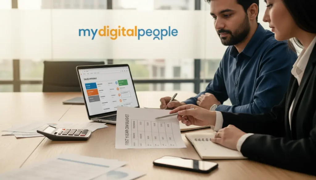 Small business owner reviewing CRM budget and hidden costs with an MDP consultant