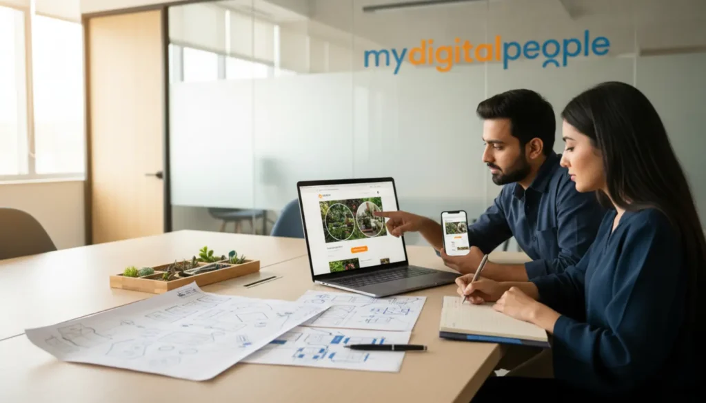 Digital agency team reviewing landscaping website UX on laptop and mobile